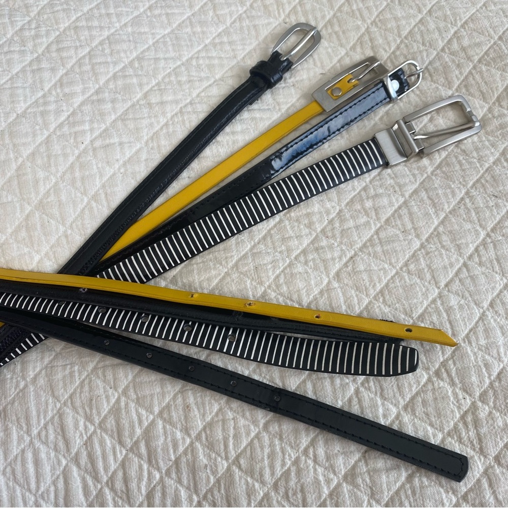 Bundle of 4 Classic Skinny Belts black striped yellow silver-tone buckle 30 inch